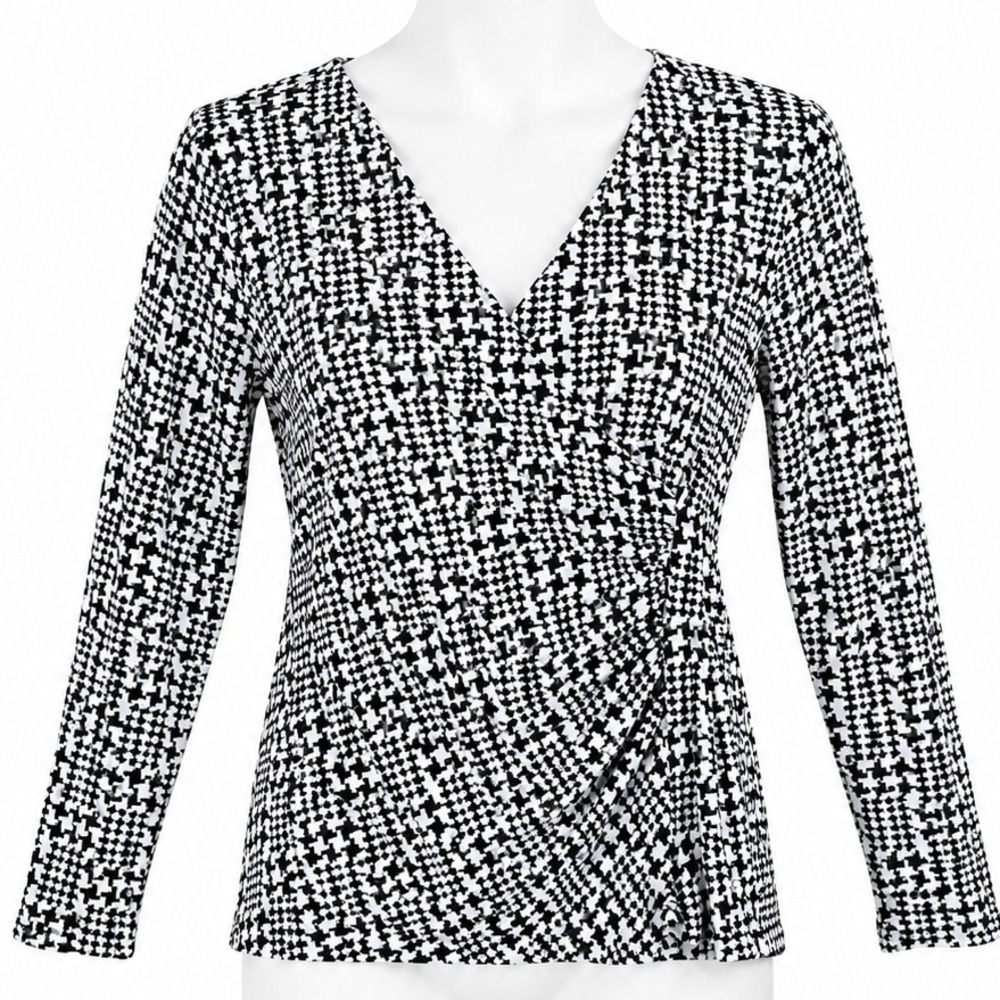 Talbots Faux Wrap Top Womens Large Black White Houndstooth Monochrome Whimsigoth